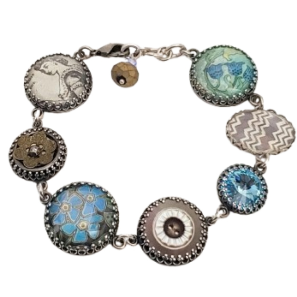 Silver-Tone Blue Floral and Gemstone Accent Bracelet